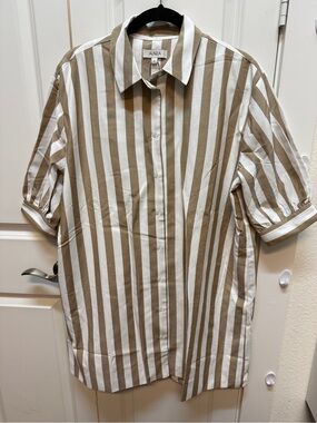 Avara Vertical Stripe Button-Down lined Shirt Dress in Beige and White.